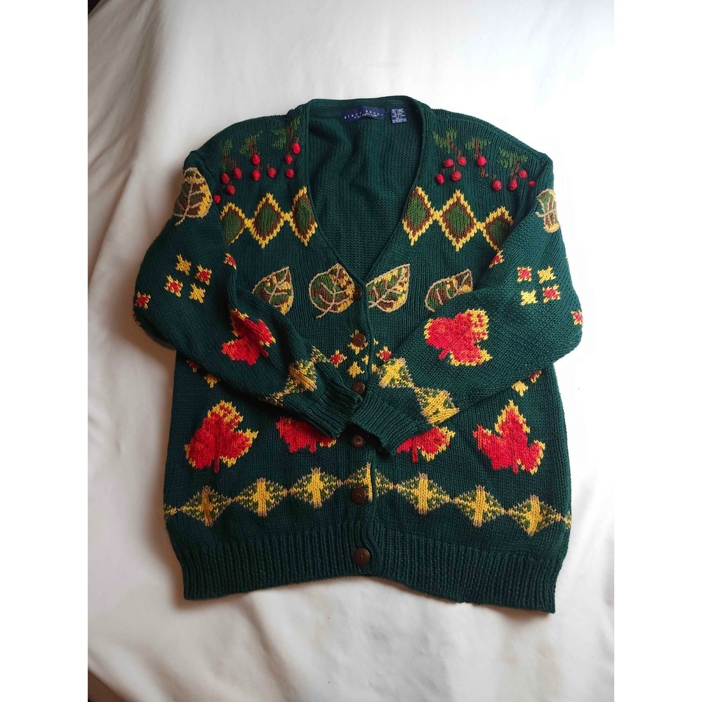 Birch Bros. The Eagle's Eye Cardigan Sweater Womens Large Green Autumn Leaf Knit
